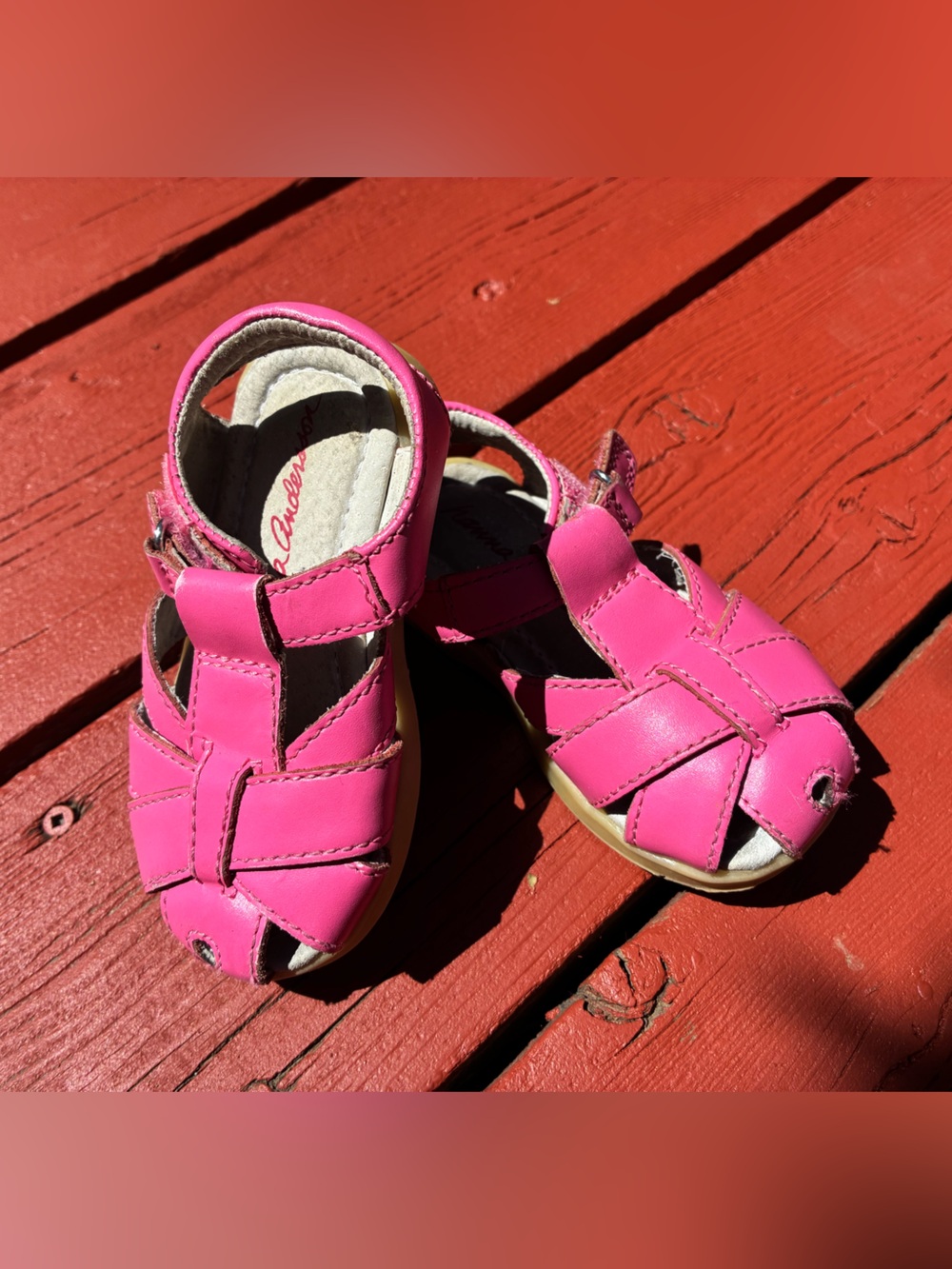 Hanna Andersson Bright Pink Leather Toddler Fisherman Sandals size 22 (6)